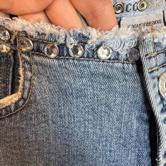 Y2K Vintage Parasuco Mid Rise Clear Rhinestone Raw Waist Flare Leg Jeans Size 4 - Picture 4 of 16